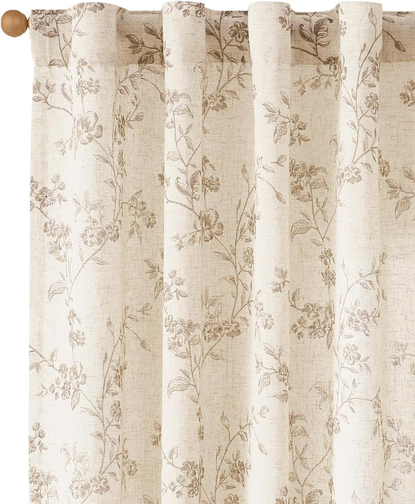 Linen Floral Curtains for Living Room 96 Inch Length Taupe Printed Curtains Back Tab French Country Farmhouse Flower