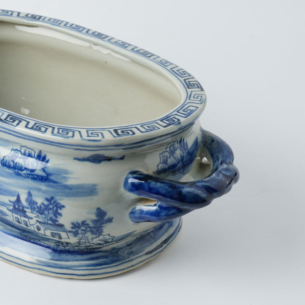 Vintage Blue and White Flower & Birds Porcelain Footbath Planter Chinoiserie Scenery Motif Ceramic Flower Pot (Blue2)