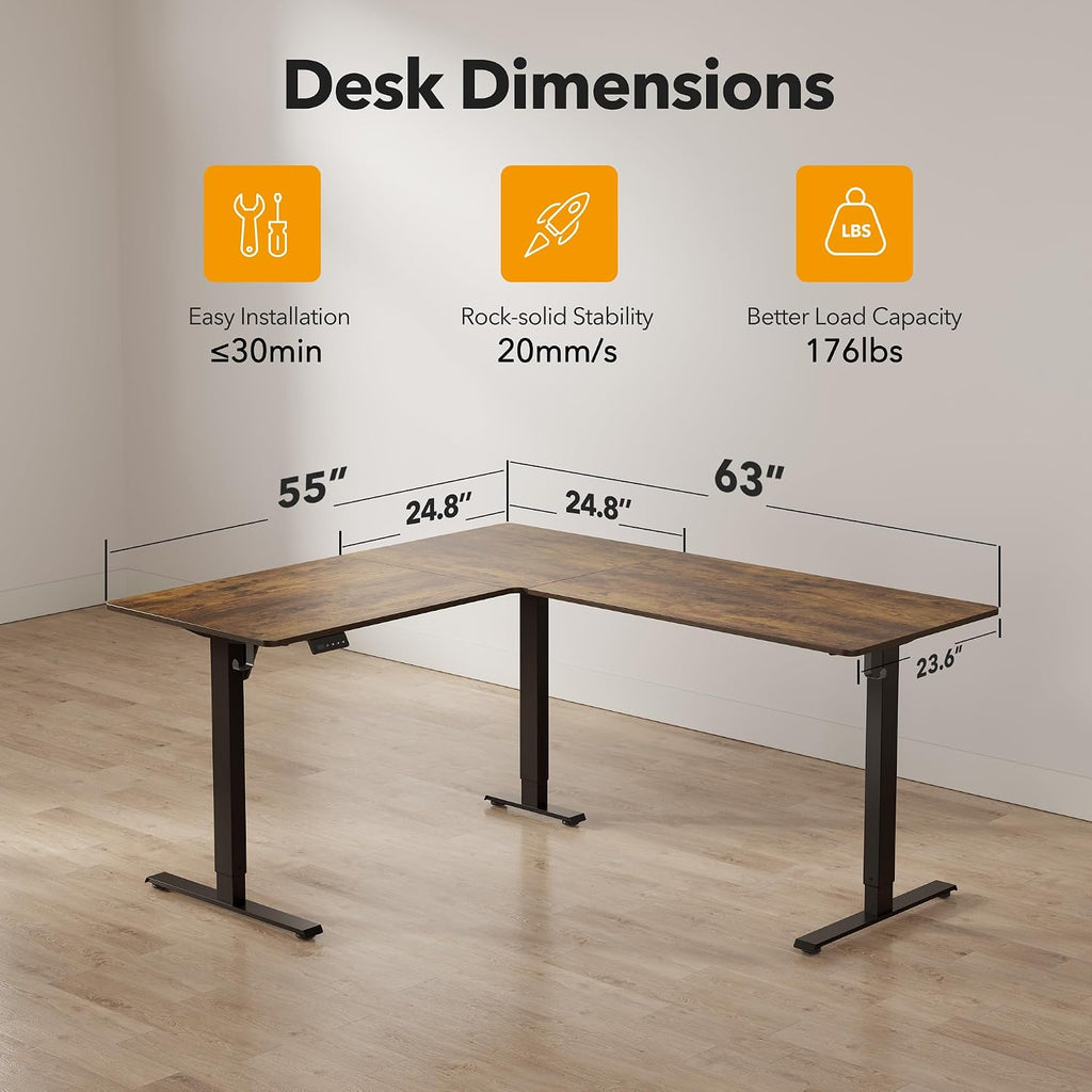 63" x 55" L Shaped Standing Desk Adjustable Height, Electric Corner Desk, Sit Stand Home Office Desk with Splice