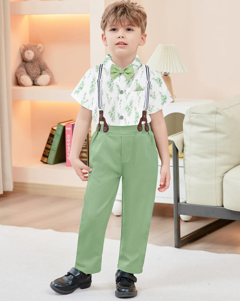 Baby Boy Dress Clothes Set Printed Shirt Aqua Green Suspender Pants Outfits Toddler Boy 12-18