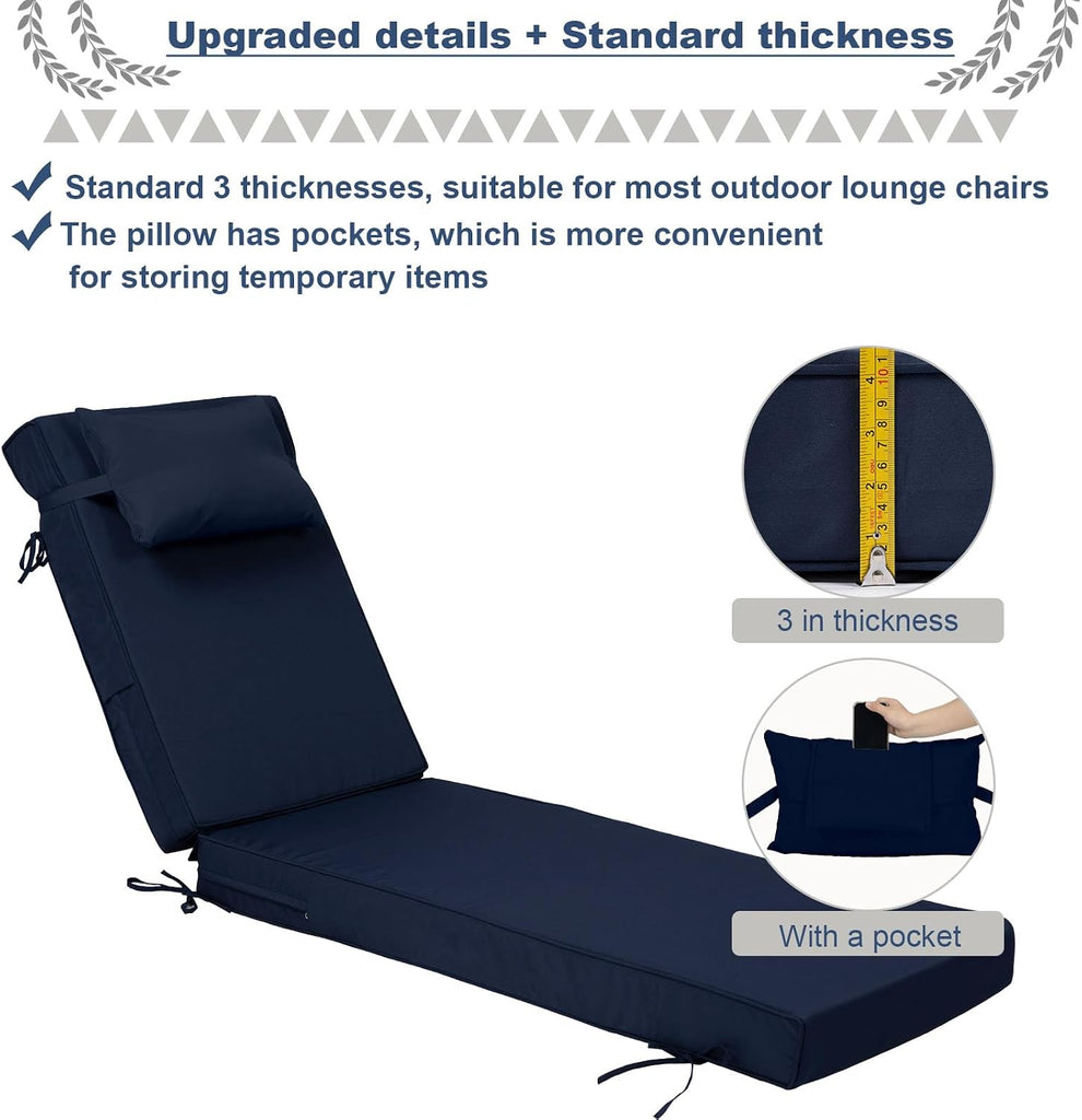 Outdoor Chaise Lounge Cushions Set of 2, Waterproof Fade Resistant Patio Lounger Cushion with Removable Cover