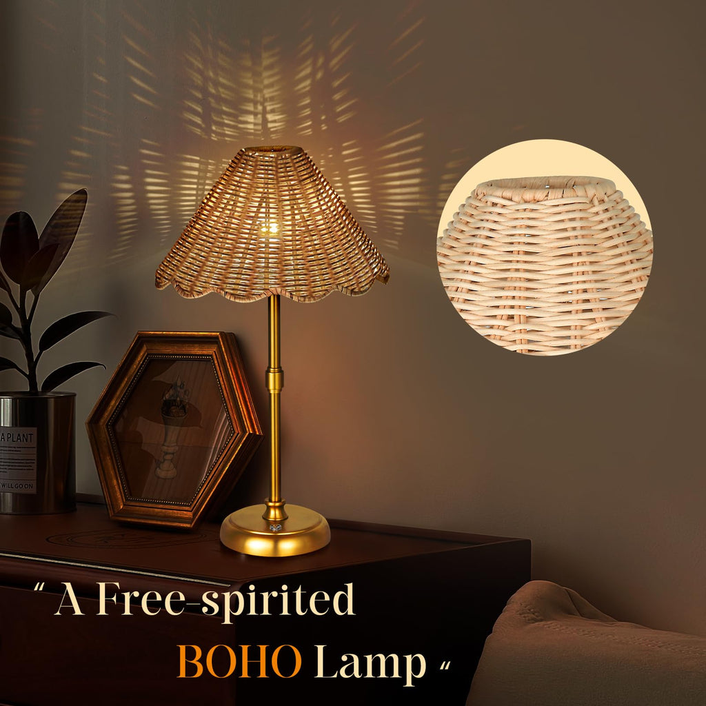 Cordless Boho Rattan Table lamp, 5200-mAh Rechargeable Battery, 3-level Brightness Dimmable, Build-in Integrated LED
