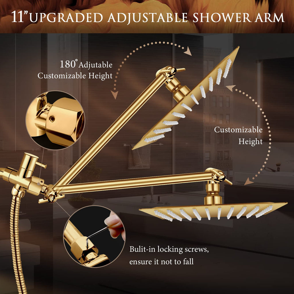12" Gold Shower Head with Handheld and 11" Extension Arm