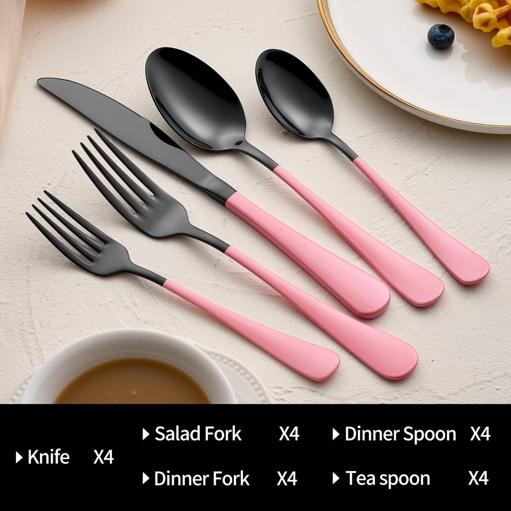 20-Pieces Blac and Pink Silverware Sets for 4,Pink Handle Stainless Steel Cutlery Set, Include Forks Spoons and