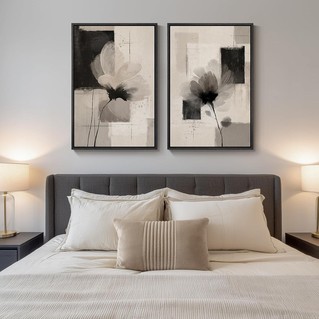 Large Framed Neutral Abstract Floral Wall Art, Set of 2 Black and Beige Modern Canvas Prints Paintings Artwork for