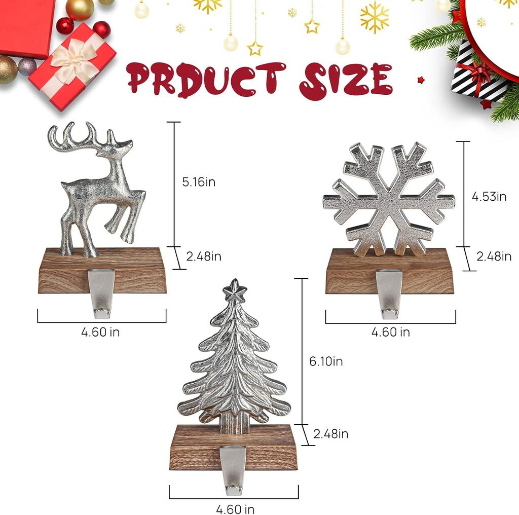 Christmas Stocking Holders for Mantle Set of 3 Tree and Snowflakes and Deer with Non-Skid Silver Stockings Holders