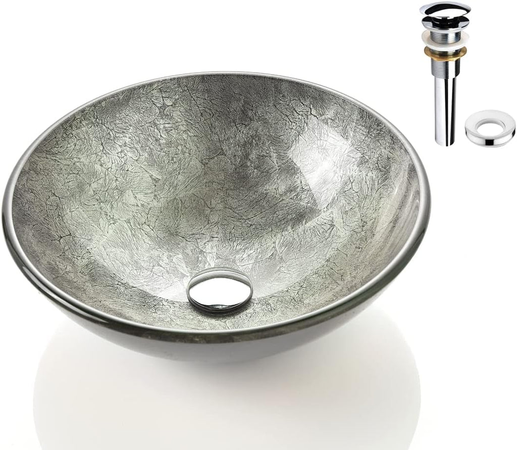Honeysuckle Series Round Tempered Deco Glass Vessel Bathroom Sink | Top Mount Sinks Above Countertop |Handicraft