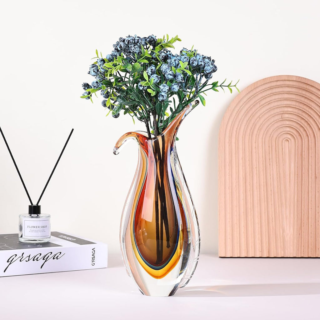 Hand Blown Glass Vase for Centerpiece, Murano Style Table Decoration, Orange Blown Art Glass Ellipse Flower Vase