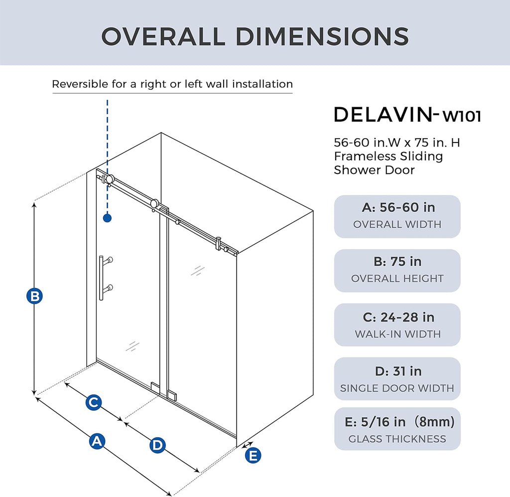 Frameless Shower Door, 56-60" W x 75" H Sliding Shower Doors