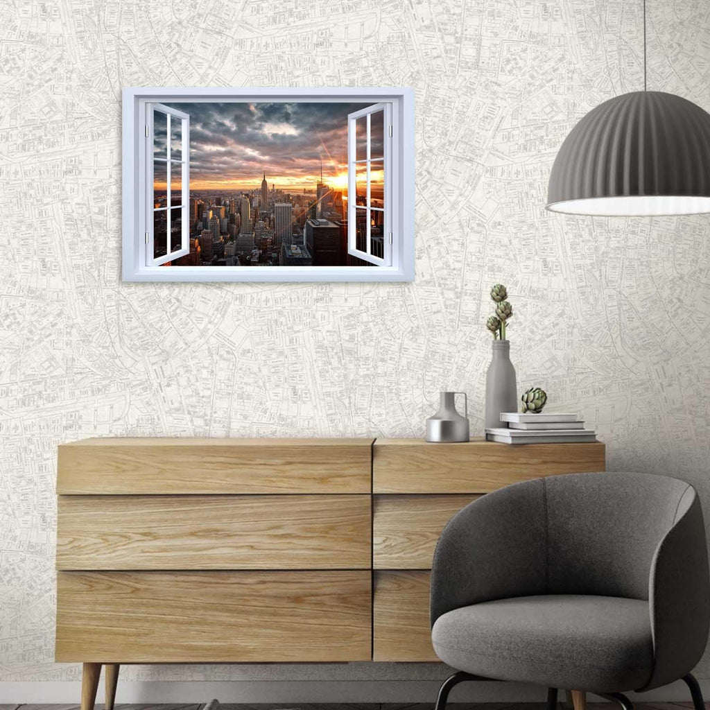 Modern Cityscape Canvas Wall Art Window View of Urban Architecture Panorama Picture City Skyscraper Building Artwork
