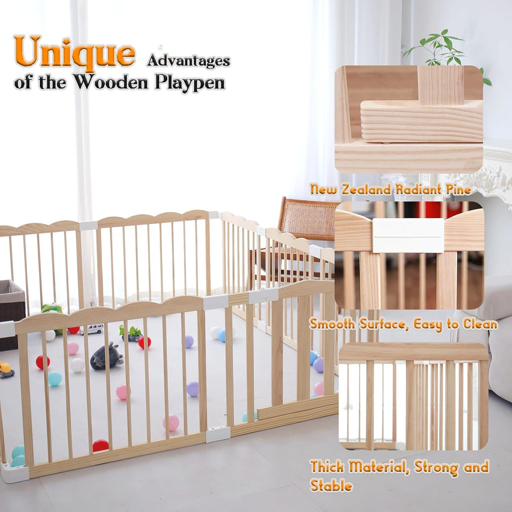 Wooden Baby Playpen 50x65x24In Adjustable Play Yard with Lock Gate
