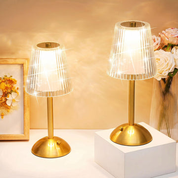 2 Pcs Cordless Table Lamp LED Touch, Gold, Hollow Lined Style