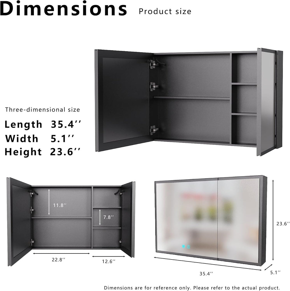 35.43" x 23.62" LED Bathroom Medicine Mirror Cabinet, Wall Mounted Double Door Vanity Storage Cabinet with Anti-Fog
