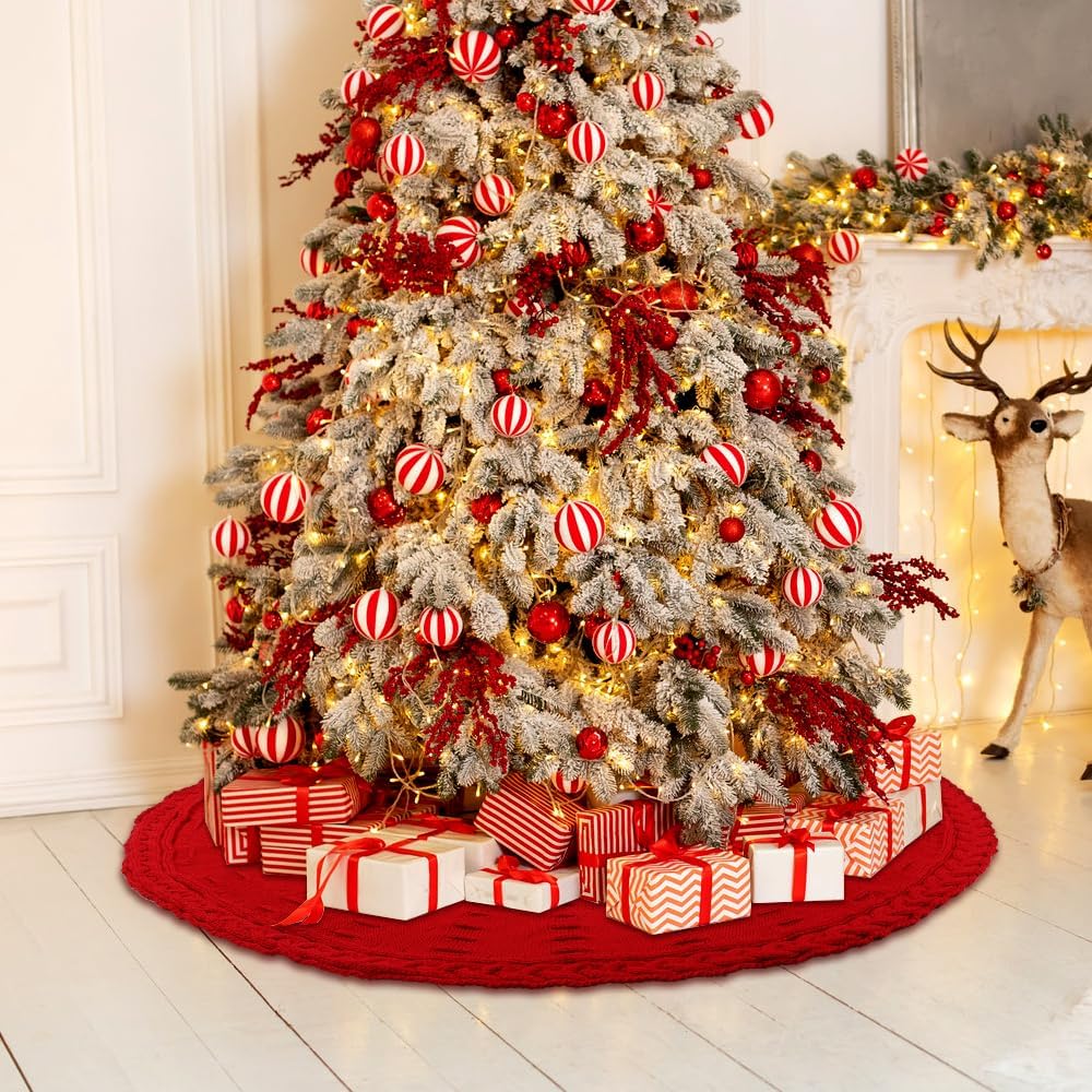 36 Inches Christmas Knitted Tree Skirt Decorations Xmas Large Red Chunky Cable Farmhouse Thick Rustic Tree Skirt