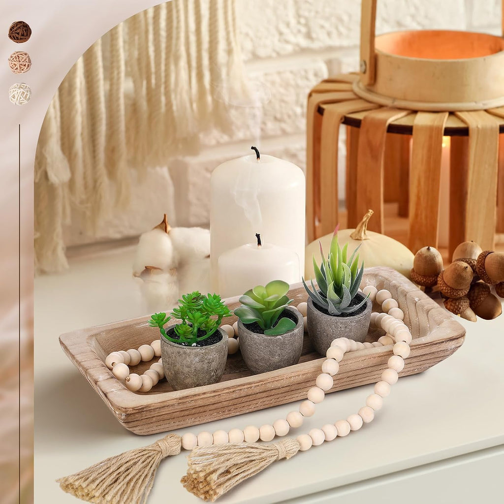 17 Pcs Wooden Centerpiece Table Decorations Wood Dough Bowl Wicker Rattan Balls Beads String with Tassel Natural