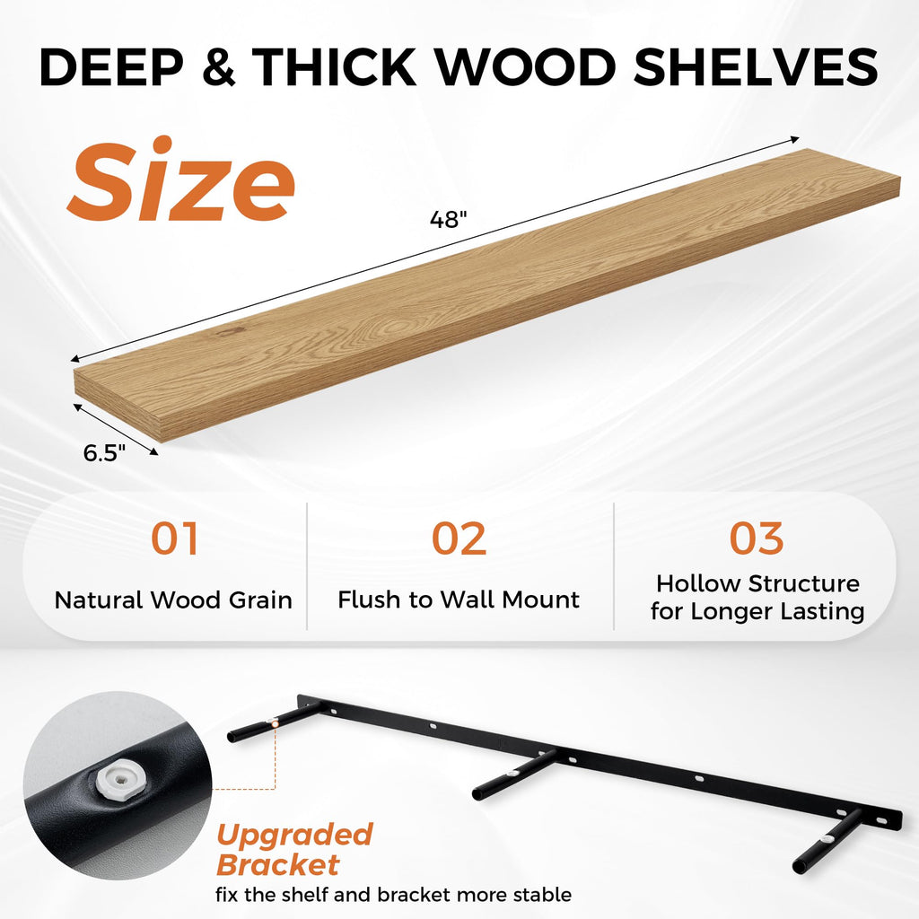 48 Inch Floating Shelves for Wall, Set of 2 - Rustic Wood Wall-Mounted Shelves with Invisible Brackets - Storage