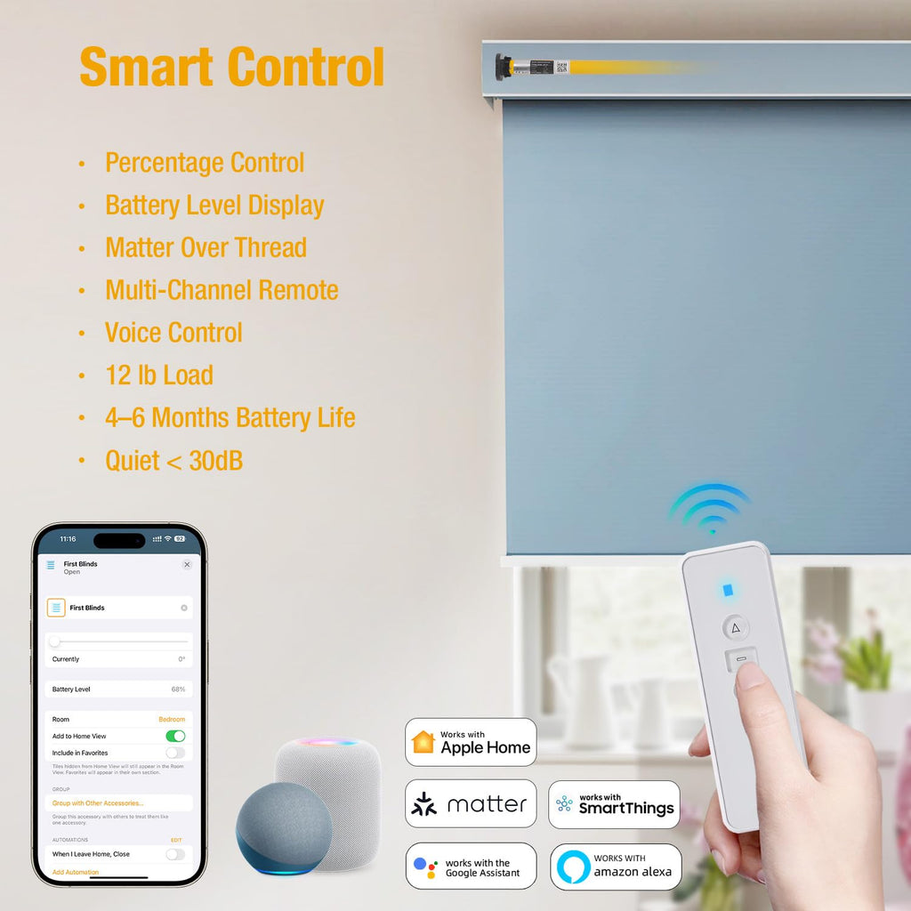 Matter Roller Shade Motor - Expand Your Smart Home - Single Pack for 1.5" Shade Tube - Work with HomeKit, Alexa
