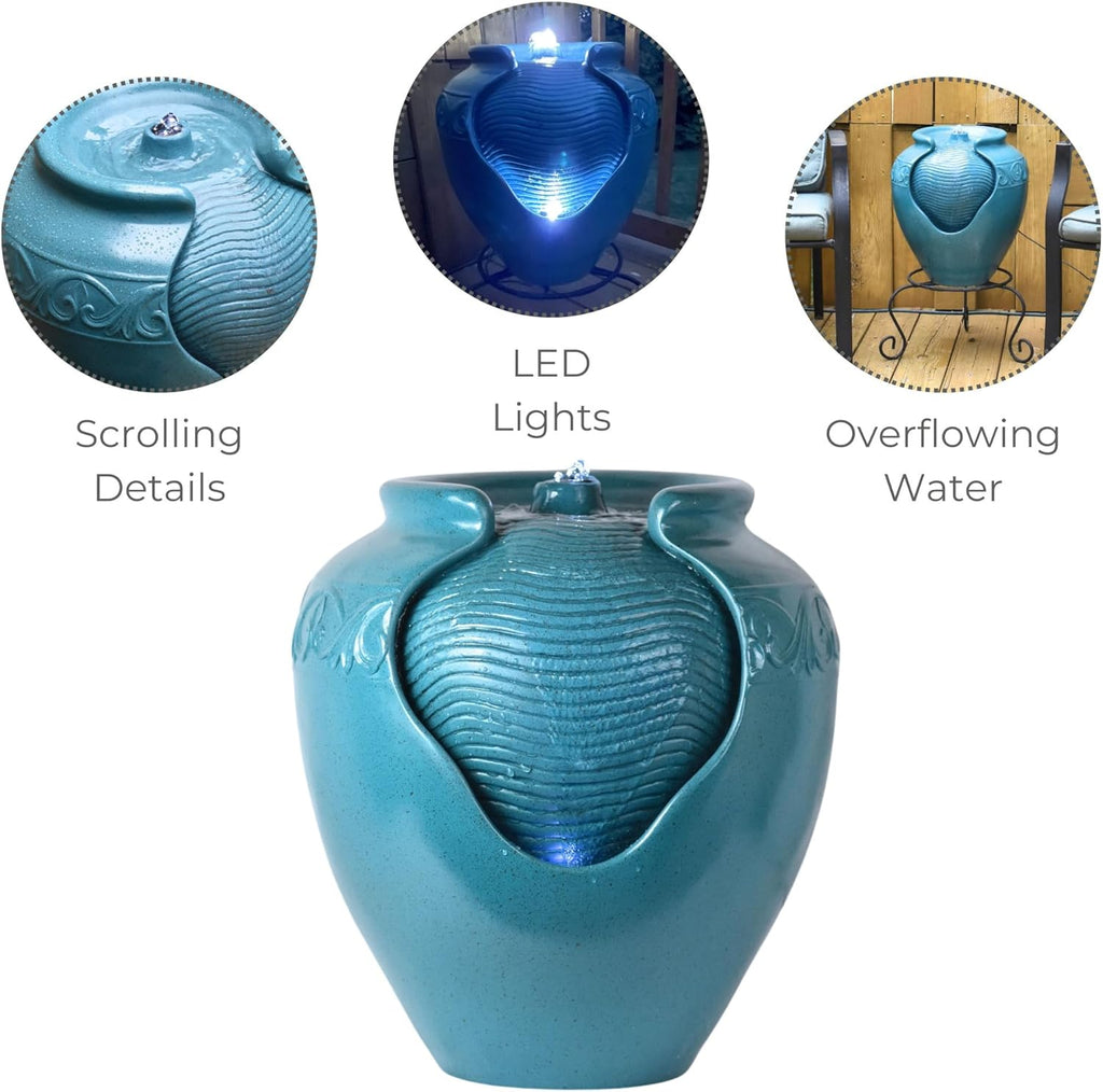 Floor Glazed Pot Water Fountain with Built-in LED Light and Pump Indoor Patio Garden Backyard Decking Home Décor, 17