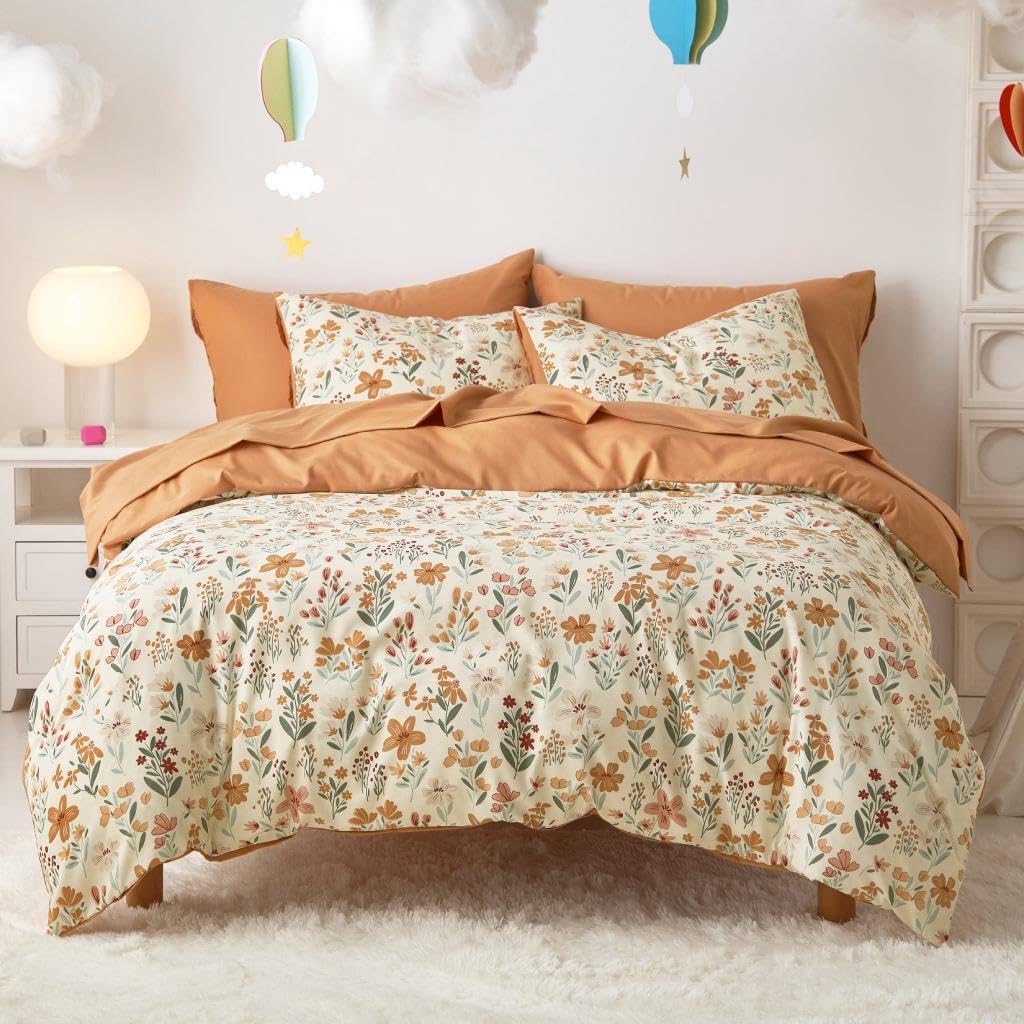 Floral Bedding Set for Girls, Cute Colorful Botanical Flowers Patterned Soft Lightweight Comforter Set with Sheets, 5