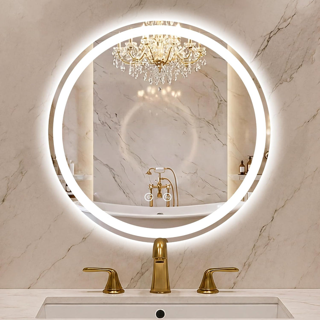 Round LED Bathroom Mirror with Lights, 24 Inch Circle Lighted Vanity Mirror, Anti-Fog, Dimmable 3 Colors