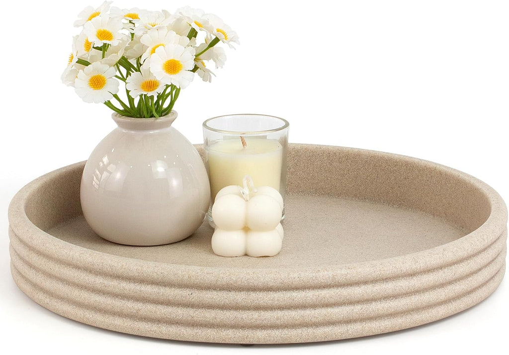Round Decorative Tray, Modern Coffee Table Tray Decor 11" Resin Beige Tray | 4-Layer Ring Design Home Decor .