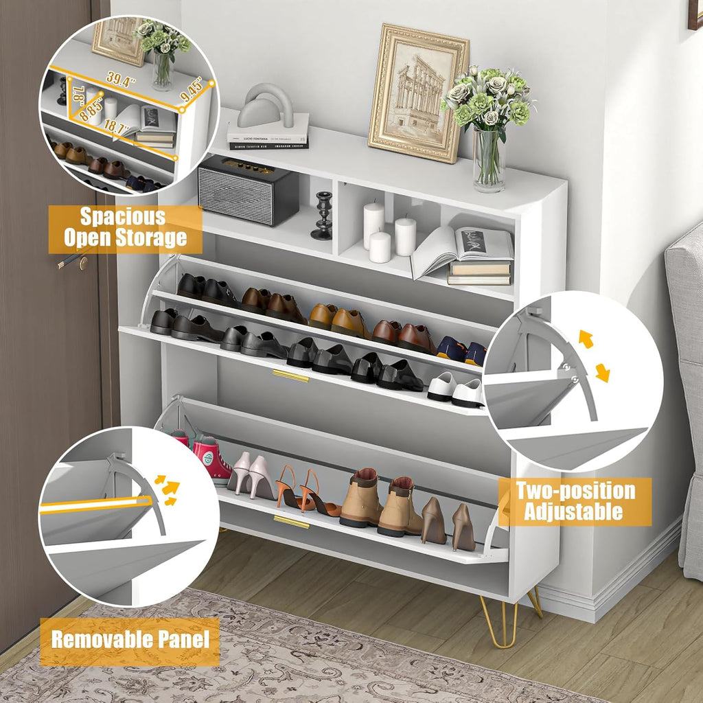 46'' Tall Shoe Cabinet with 2 Flip Drawers and Open Shelves, White丨Freestanding Shoe Organizer, Narrow Shoe Storage
