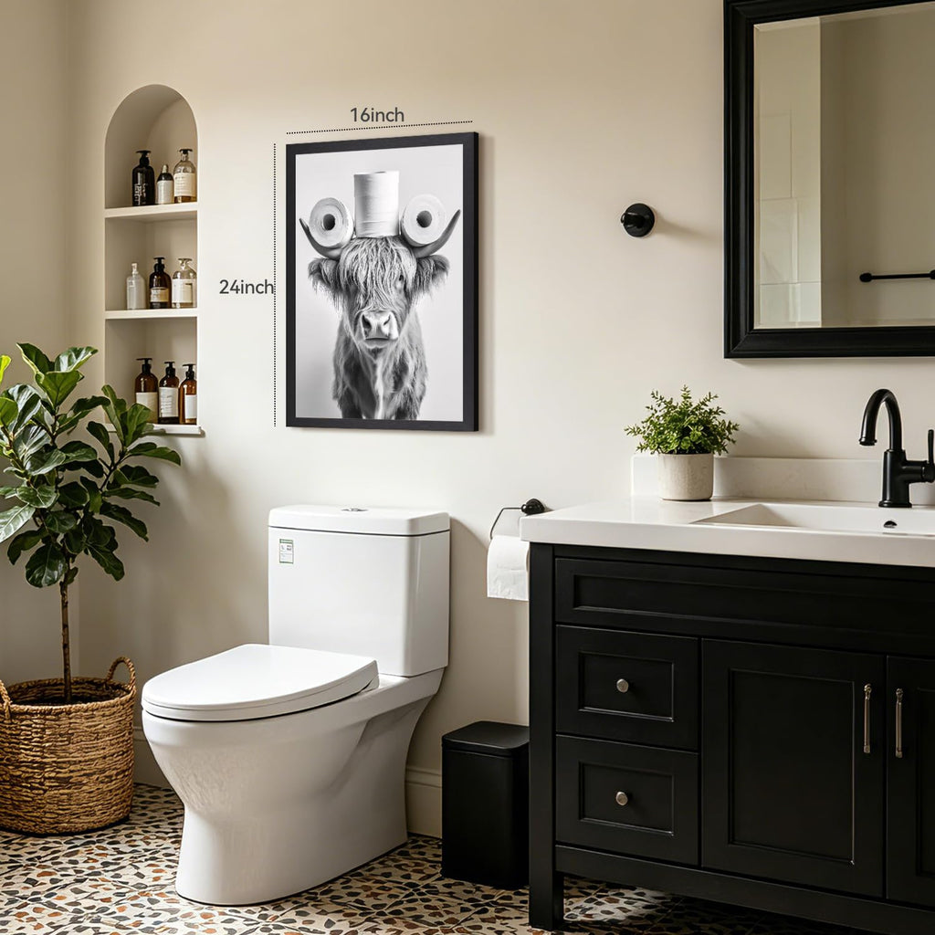 Wood Framed Black White Highland Cow Bathroom Wall Art 16x24 in