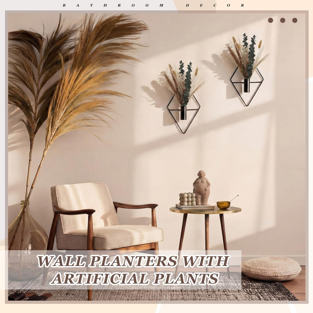 2 Pcs Hanging Artificial Planters Wall Decor, Matte Black, Pampas