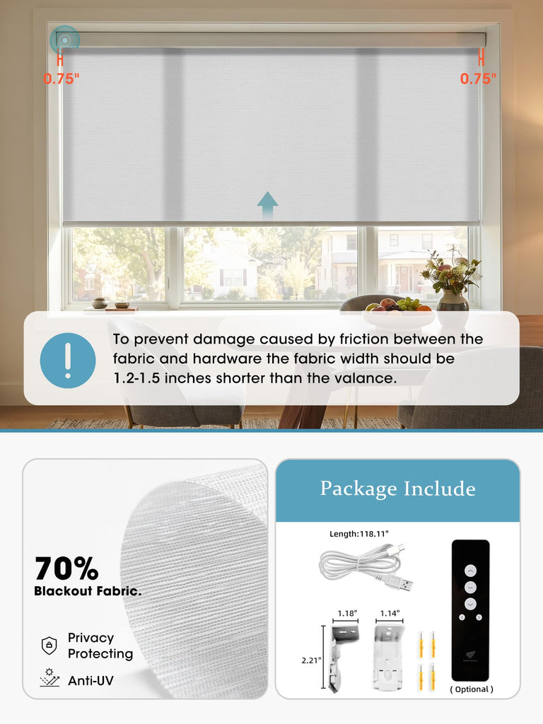 Motorized Smart Roller Shades, 70% Blackout Essential White