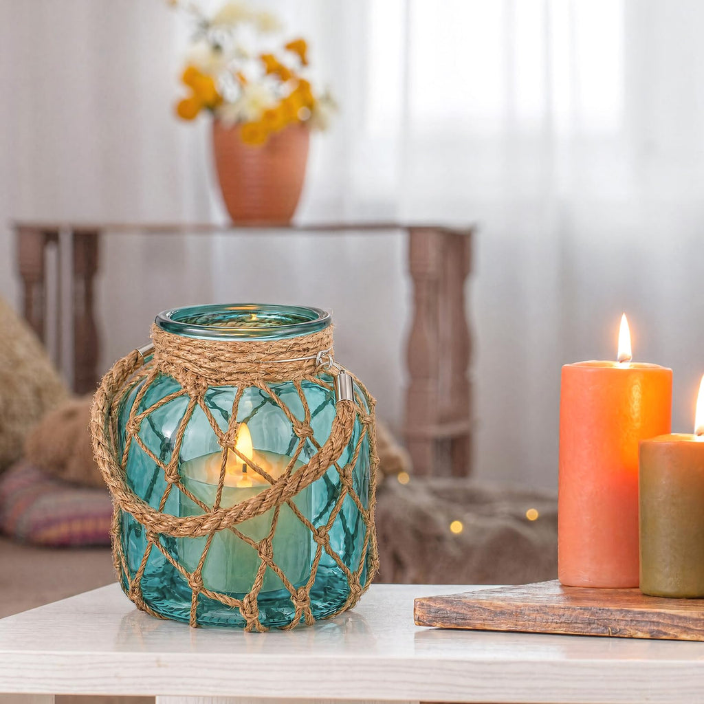 2 Set Nautical Lanterns Rope Handle, Coastal Glass Jar, Blue