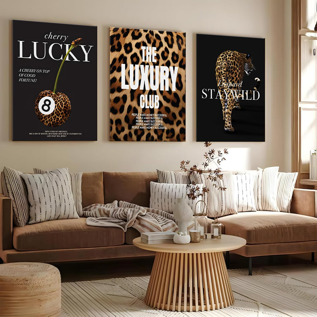 Fashion Leopard Wall Art Set of 3, Trendy Animal Print Canvas Wild Cheetah Inspirational Lucky 8 Ball Painting Wall