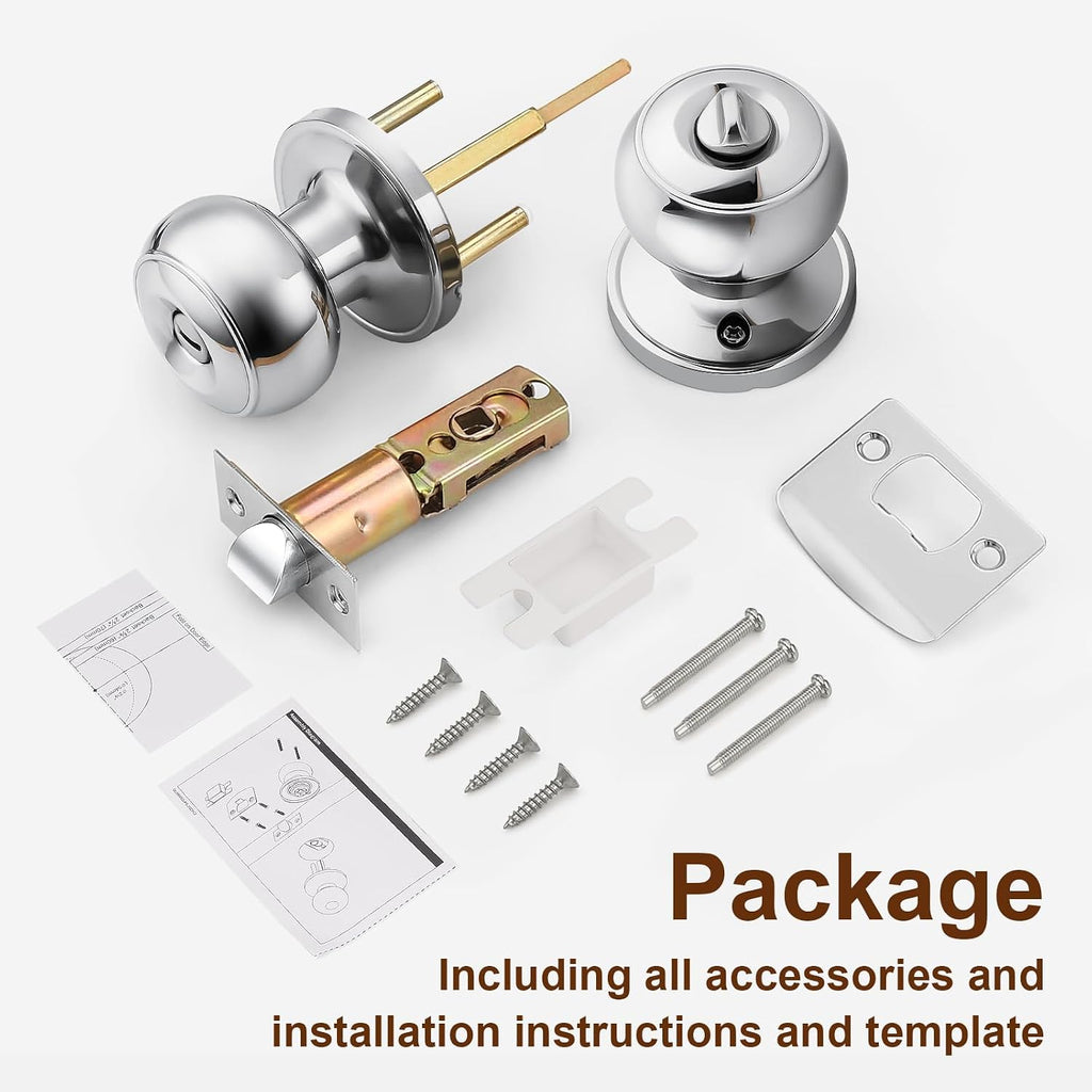 Interior Door Knobs, Polished Chrome with Lock, Bedroom Privacy Handles, 3 Pack