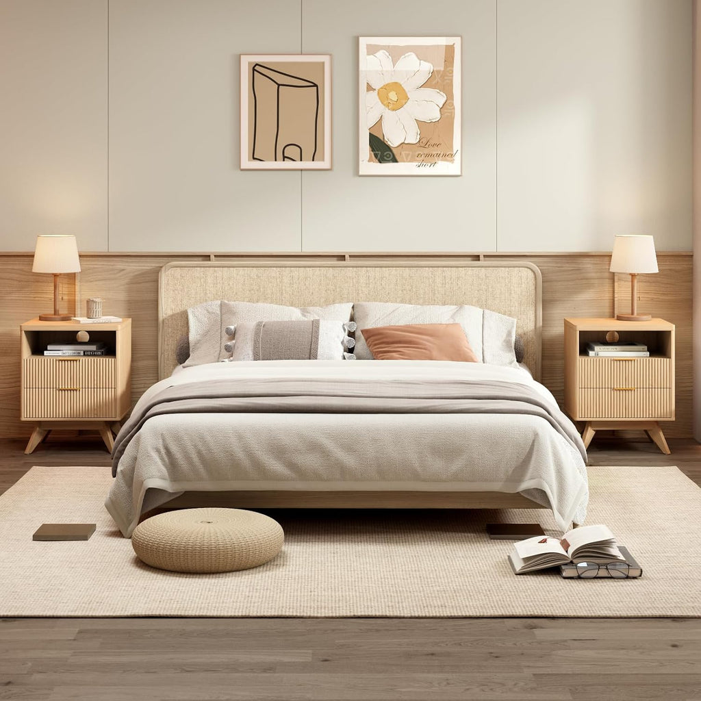 Fluted Nightstands Set of 2 with 2 Drawers, Natural Oak Bedside Table with Open Shelf, Modern End Table Set, Wood