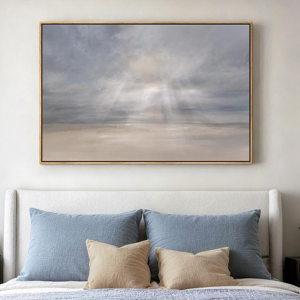 Large Framed Abstract Beach Landscape Wall Art, Horizontal Minimalist Coastal Seascape Canvas Artwork for Walls