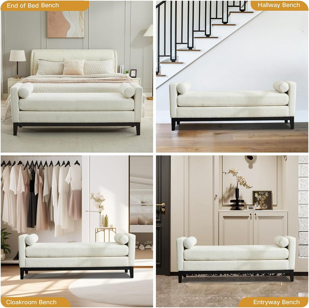 66.34" End of Bed King Size Bench Boucle with Black Legs, White. | Entryway Bench Ottoman Upholstered King Size Seat