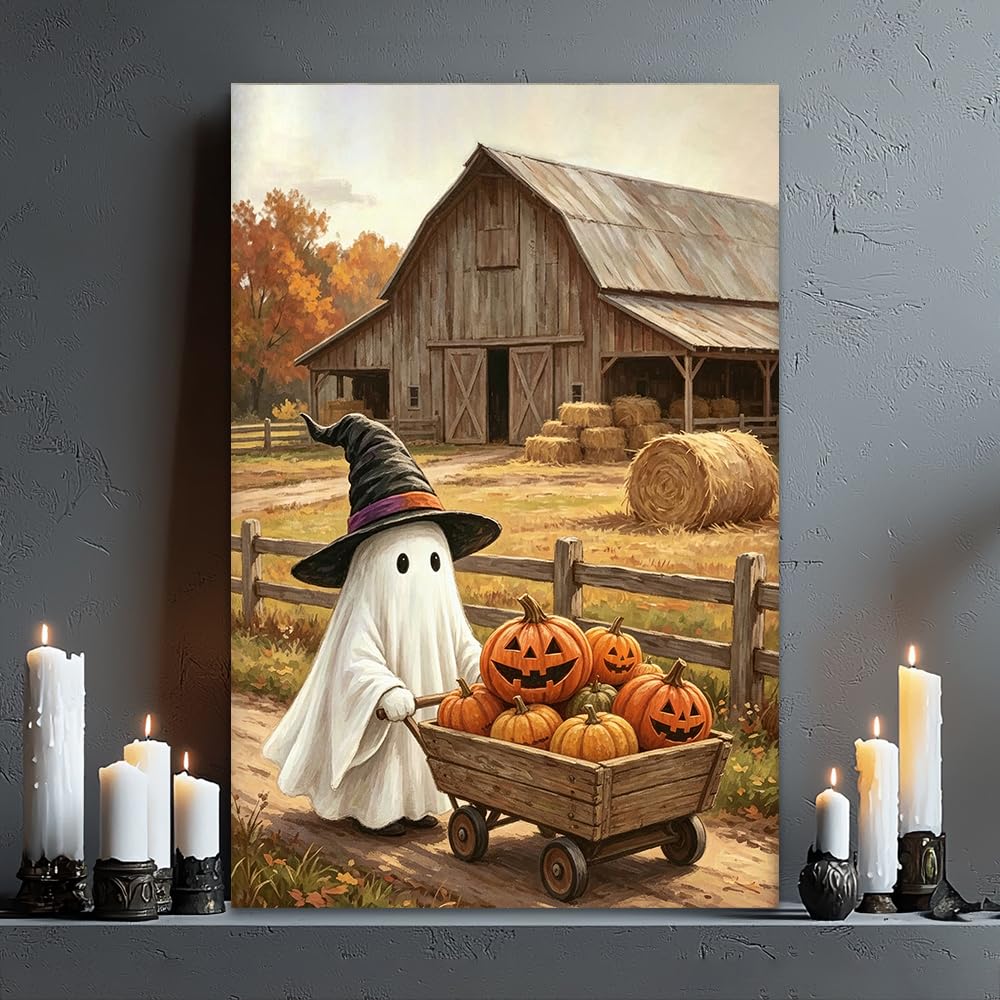 Autumn Halloween Wall Art - Cozy Ghost in a Sheet and Witch Hat Pushing a Wooden Wagon Full of Pumpkins - Rustic Barn