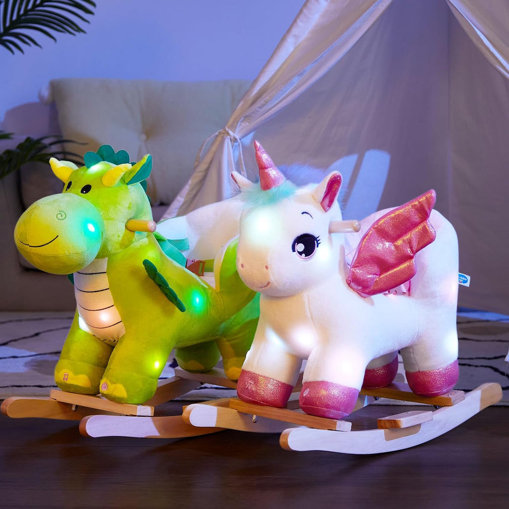 Light Up Musical Dinosaur Baby Rocking Horse Set of 2 with Safety Belt Dinosaur Rocker Baby Rocking Chair