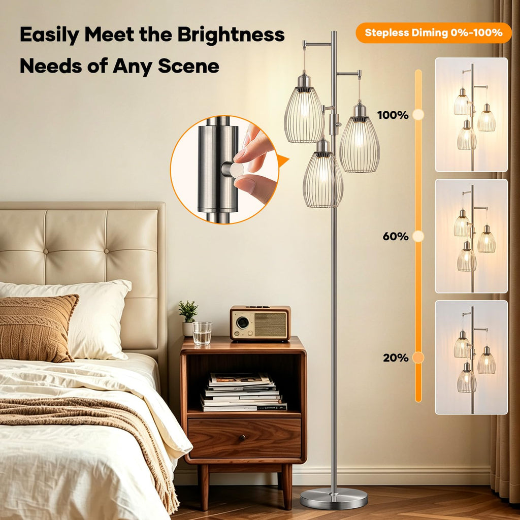 Dimmable Floor Lamp, 3 x 800LM LED Edison Bulbs Included, Industrial Floor Lamp Standing Tree Lamp with Elegant