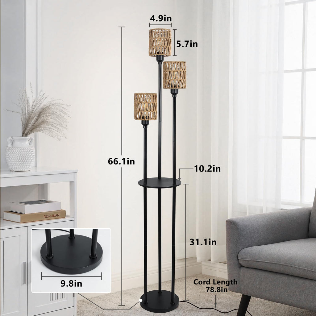 Boho Floor Lamp with Shelves, 3-Lights Farmhouse Tall Floor Lamp with ON/Off Foot Switch, Rustic Standing Lamp with