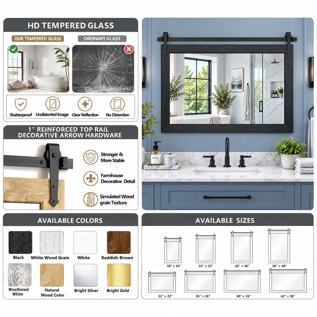 Farmhouse Mirror 42"x28" Black Rustic Mirror for Wall Vanity Mirrors Barn Door Style Decor Bathroom Living Room