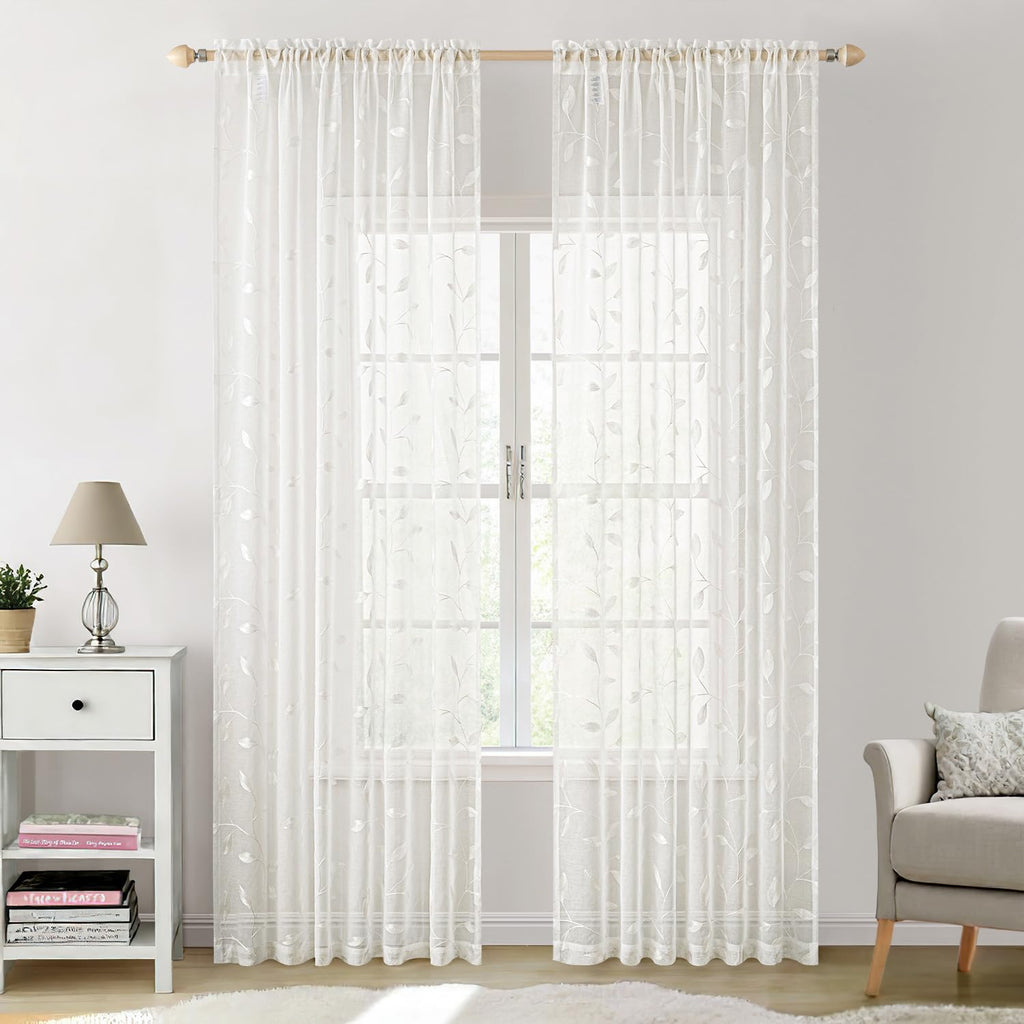 Ivory Sheer Curtains 2 Panels Embroidered Leaf Patterned, W52 x L84