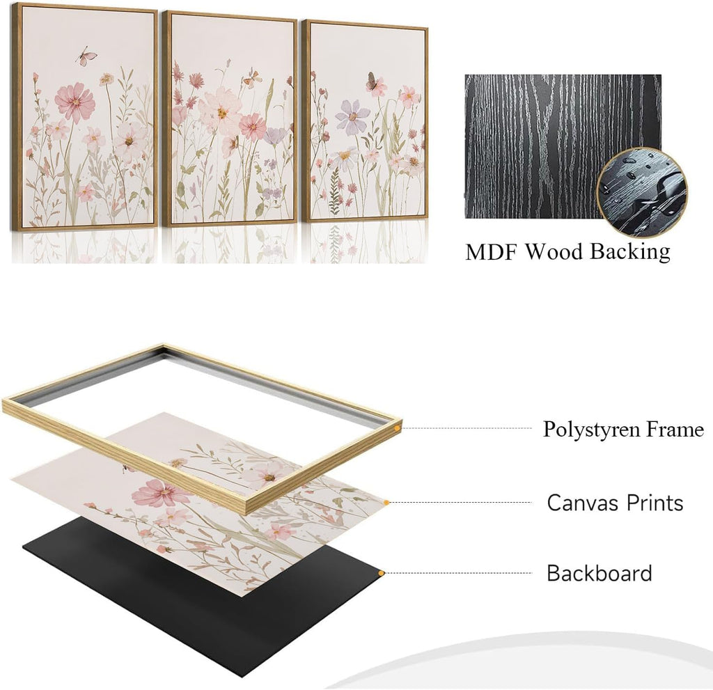 3 Piece Framed Wall Art Wildflower Wall Decor Botanical Canvas Art Floral Pictures Watercolor Paintings Pink Artwork