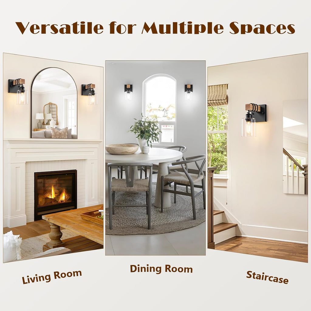 Set of 2 Wall Sconces , Farmhouse 1-Light Matte Black Bathroom Vanity Light with Clear Glass Shades, Indoor Wall