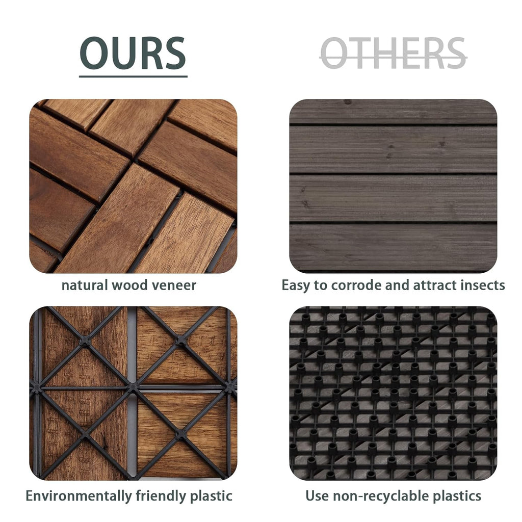 Deck Tiles - Pack of 10 Waterproof Acacia Wood Patio Tiles, Flooring Tile for Indoor and Outdoor - 12 x 12 inches