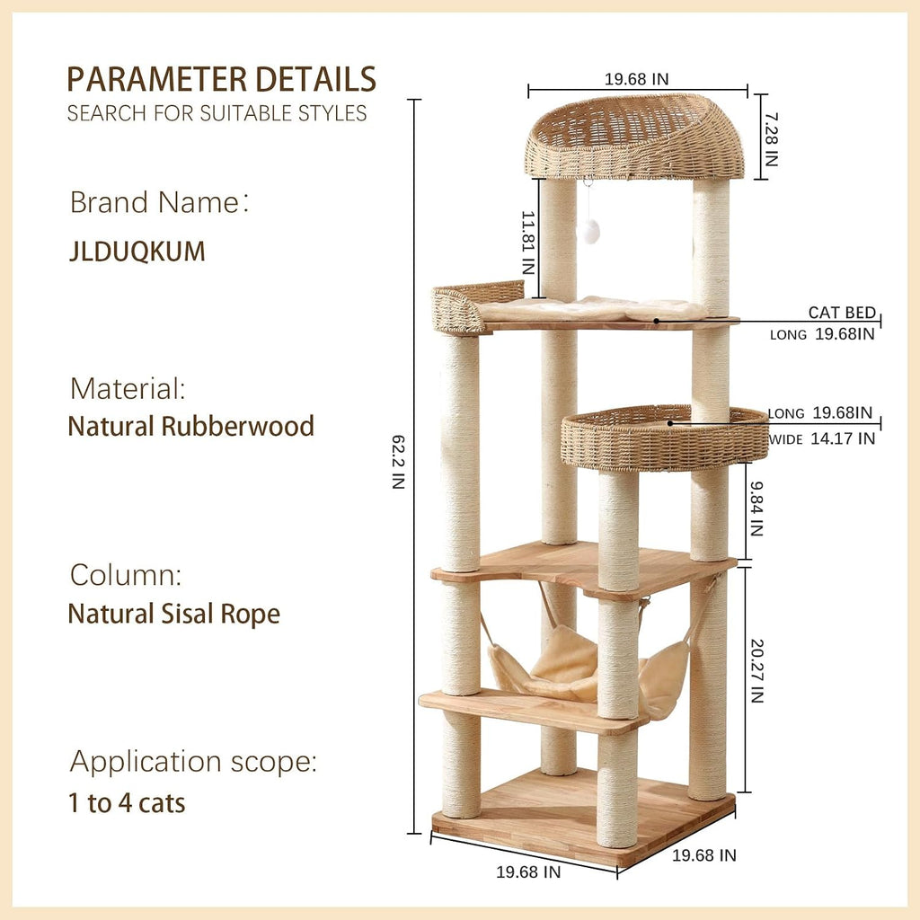Wooden Cat Tree for Indoor Cats, 62 in Tall Cat Tower