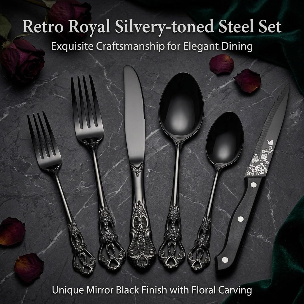 Black Silverware Set For 8, 48 PCS Retro Royal Silverware Flatware Set with Black Spoons Forks Knives Set, Mirror