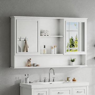 60" Wall-Mounted Bathroom Medicine Cabinet with Double Mirrored Doors, 2-in-1 Mirror & Storage Design Cabinet with