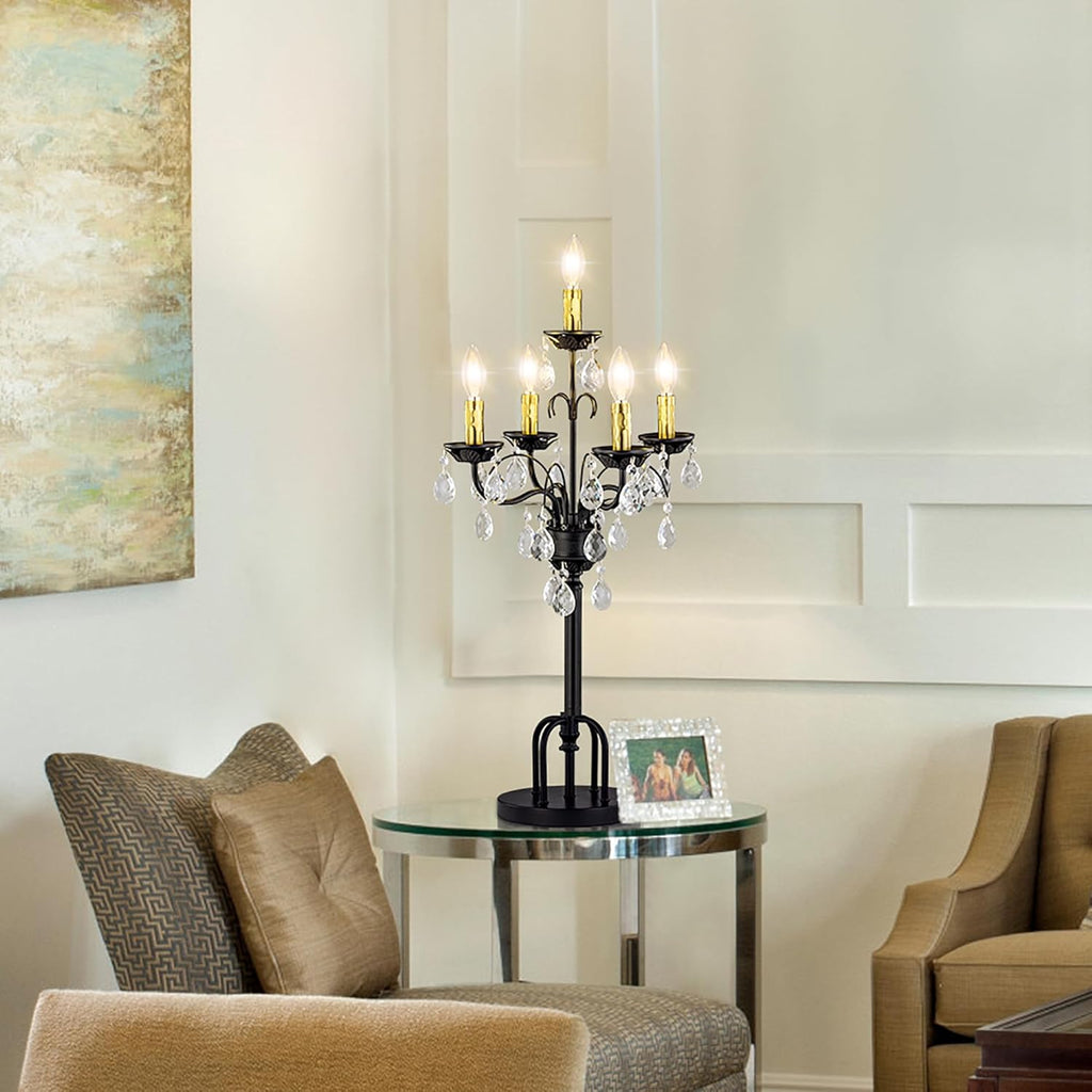 Black Gold Crystal Table Lamp, 5-Light Modern Bedside Lamp, 28" Tall Vintage Desk Lamp, Staircase, Entryway