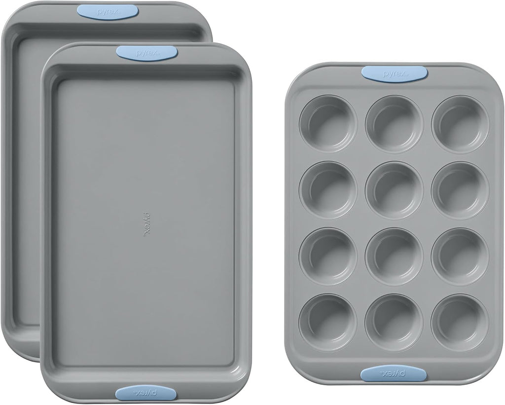 3-Piece Metal Cookie & Muffin Sheet Bakeware Set, Cerulean | Lightweight stainless steel trays with heatsafe silicone