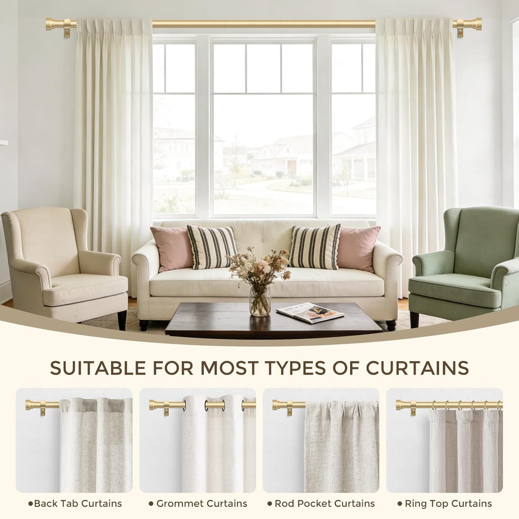 2 Pack Gold Curtain Rods,1 Inch Heavy Duty Curtain Rods,Adjustable Curtain Rod Set,Modern